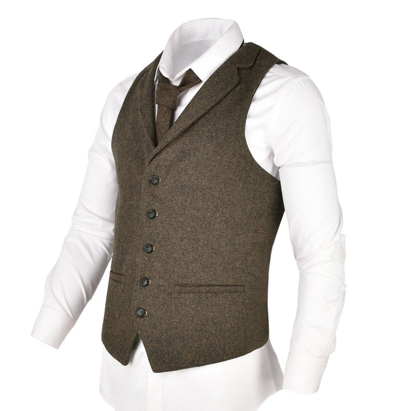 VOBOOM Mens Herringbone Tailored Collar Waistcoat Fullback Wool Tweed Suit Vest (Khaki, X-Large) - Image 1
